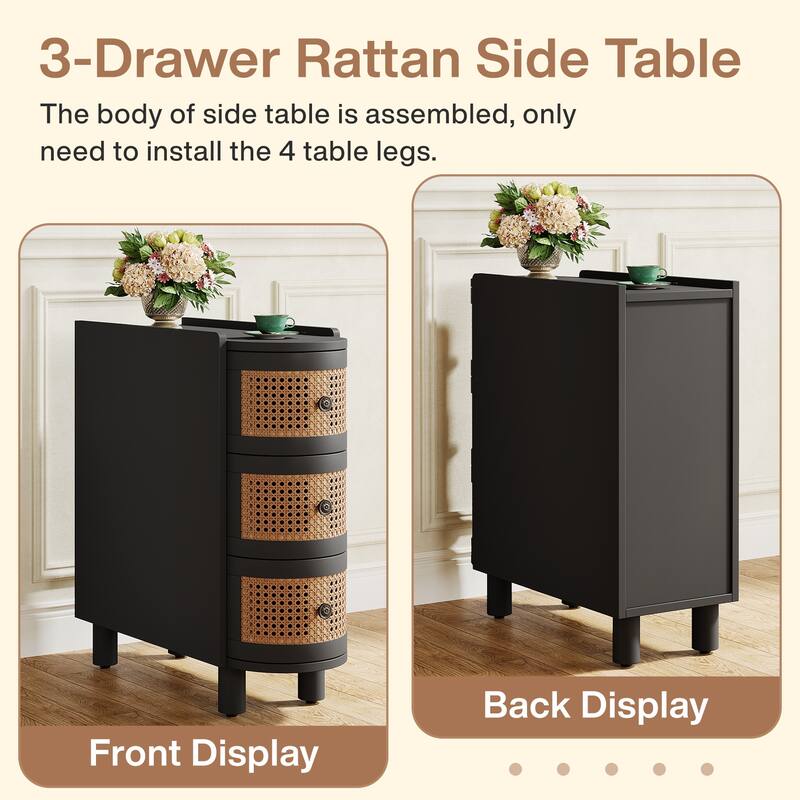 Solid Wood End Table, 3-Drawer Rattan Side Table, Night Stand with Exquisite Embossed Handles for Living Room