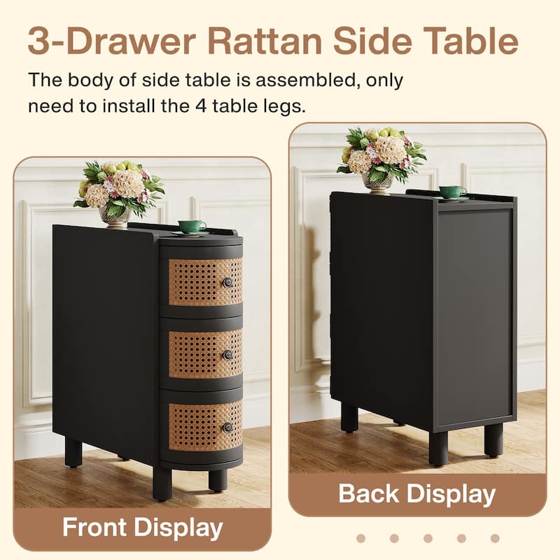Solid Wood End Table, 3-Drawer Rattan Side Table, Night Stand with Exquisite Embossed Handles