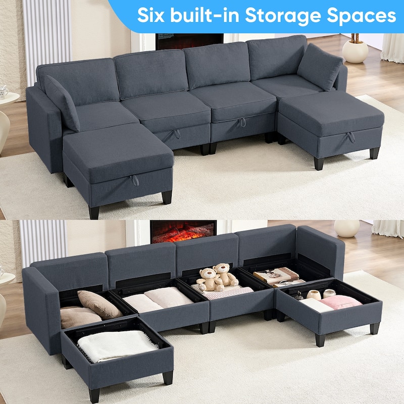 Mixoy Flexible Combination Reversible 4-Seater Modular Sofa with Ottomans,Linen Convertible Sleeper Sofa Bed with Storage Space