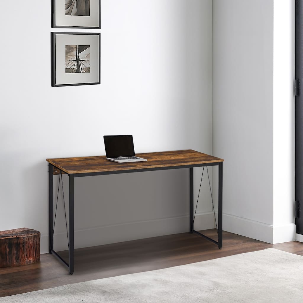 Writing Desk with V Shaped Metal Accent, Rustic Brown