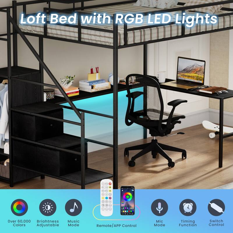 Full Metal LED Loft Bed Frame with L-shaped Desk, Charging Cradle and 2 Fabric Drawers
