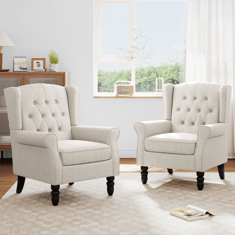 Modern Button Tufted Armchair Wingback Accent Chairs Set of 2 - Beige-Linen