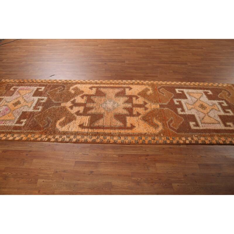 Brown Oushak Turkish Vintage Runner Rug Hand-Knotted Wool Carpet - 3'5"x 10'9"