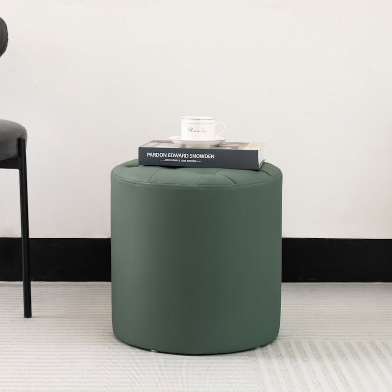 Adeco Round Ottoman Upholstered Tufted Faux Leather Footrest