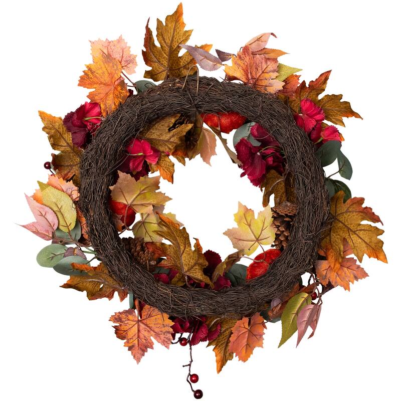 Orange Burgundy Fall Harvest Artificial Floral Pinecone Wreath, 22"