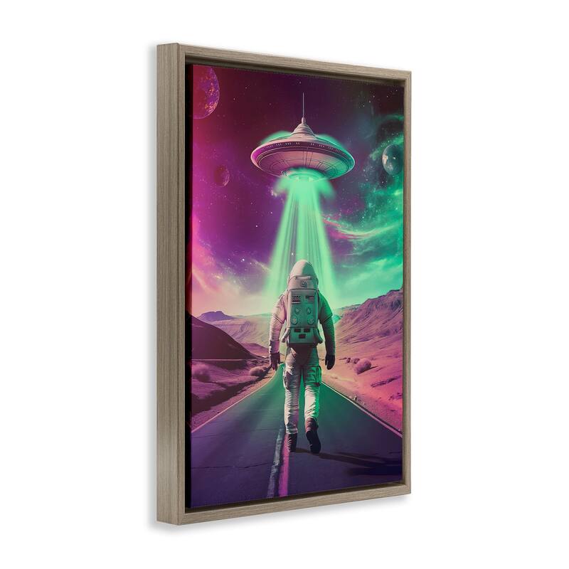 Stupell Astronaut Walking Toward UFO Framed Floater Canvas Wall Art Design By Wumples