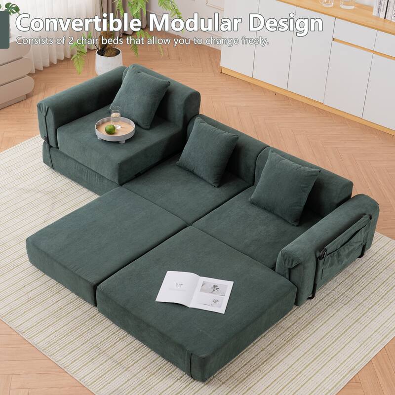 Folding Recliner Sofa 3-seater Straight Row Sectional Sofa Convertible Sleeper Sofa Bed, Fold Out Floor Couch Modular Sofa - Green