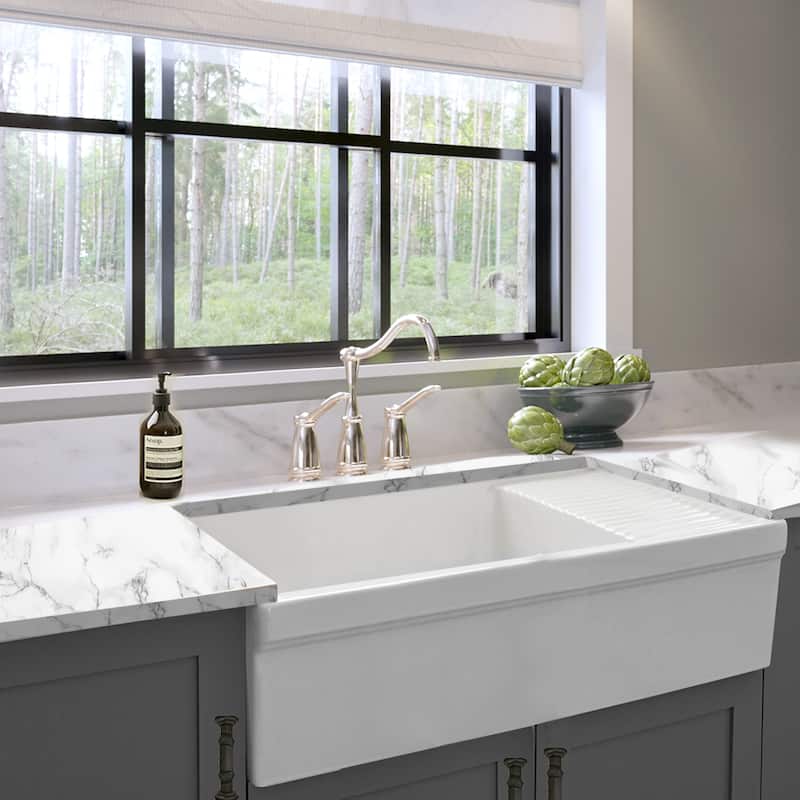 Highpoint Collection Fireclay Farmsink with Built In Drainboard - 36" x 20" x 10"