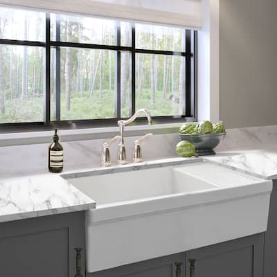 Highpoint Collection Fireclay Farmsink with Built In Drainboard - 36" x 20" x 10"