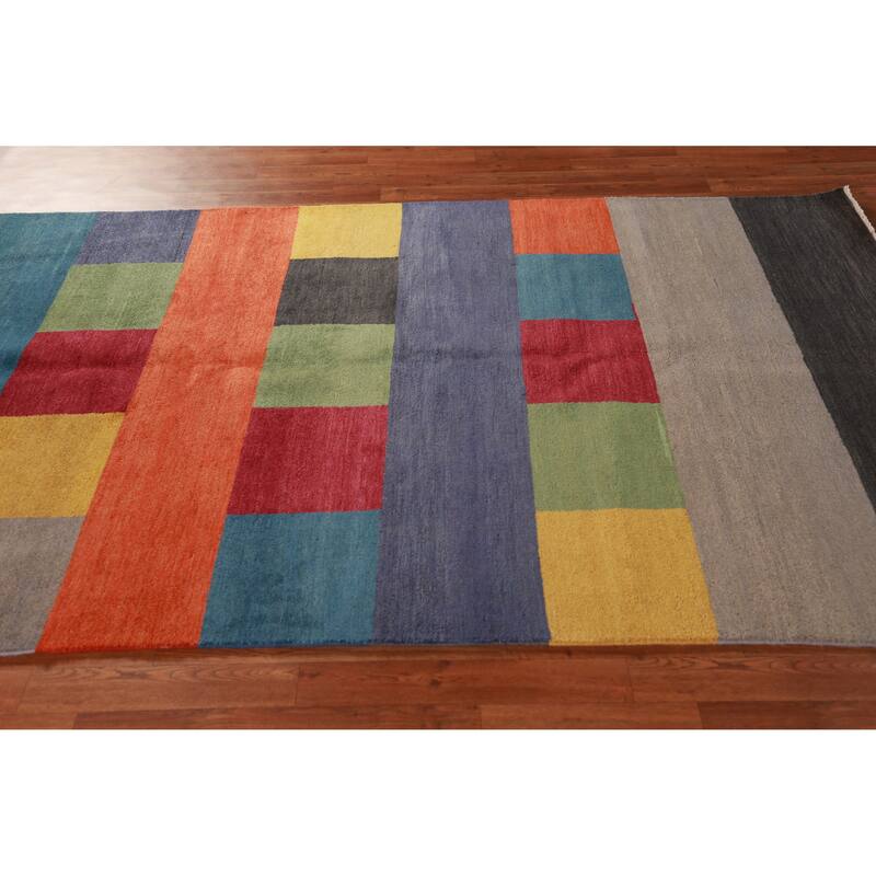 Hand Knotted Oriental 100% Wool Carpet Modern Geometric Multi-Colored Gabbeh Area Rug - 8' 1'' X 5' 1''