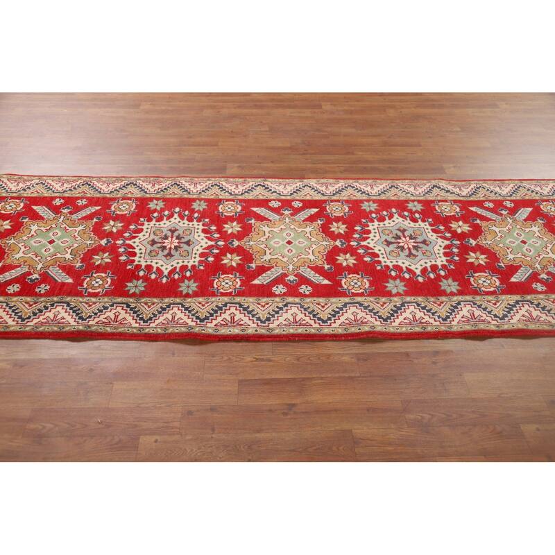 Geometric Kazak Runner Rug Handmade Red Wool Carpet - 2'11" x 9'8"