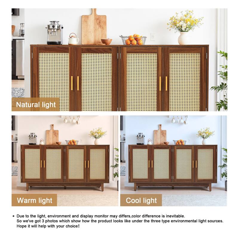 Modern 4 Door Wood Rattan Buffet Sideboard Storage Cabinet