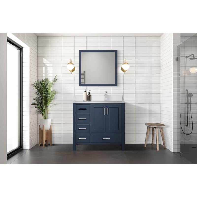 Jacques 36 in. W x 22 in. D Right Offset White Bath Vanity, Cultured Marble Top, Faucet Set, and 34 in. Mirror