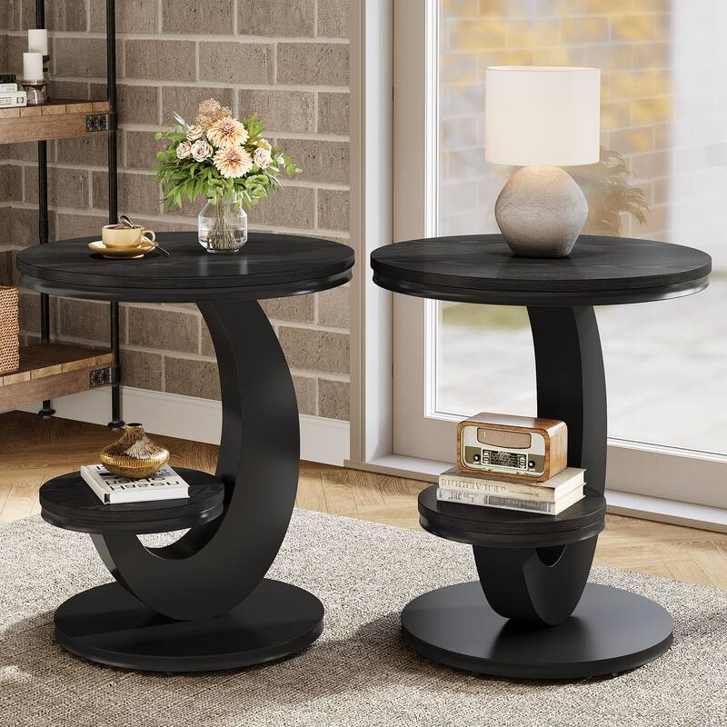 Round End Table, 2 Tiers Side Table with Storage Shelf