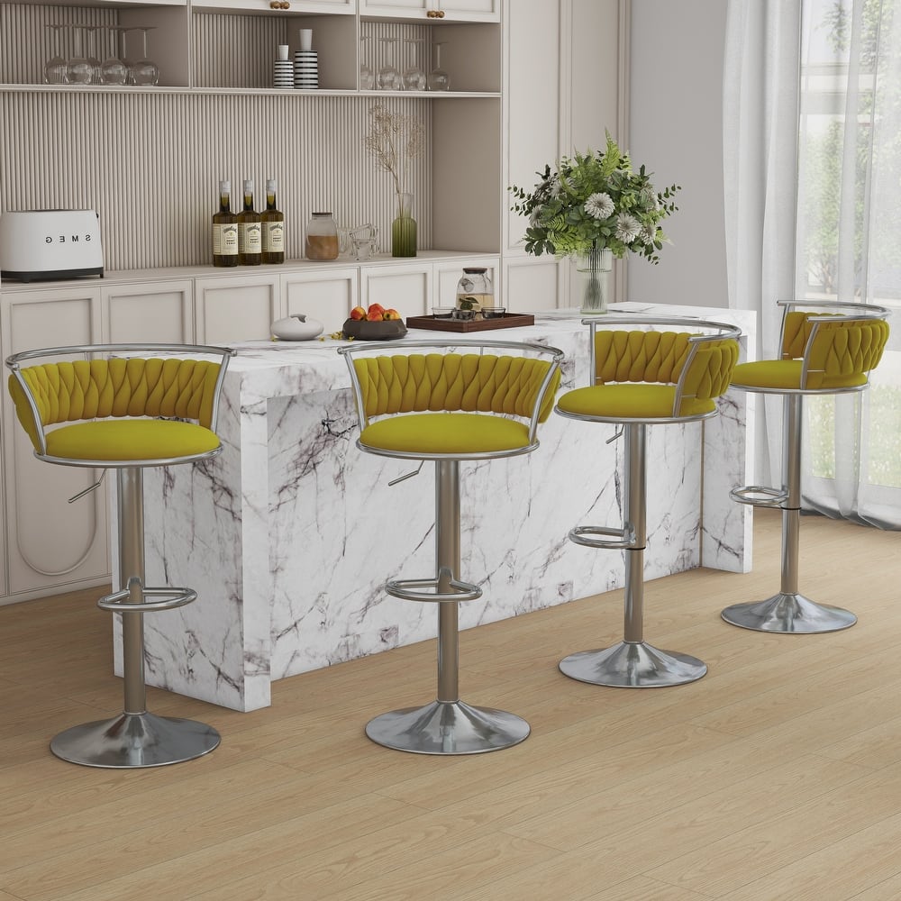4 Set Velvet Adjustable Swivel Bar Stools With Backs