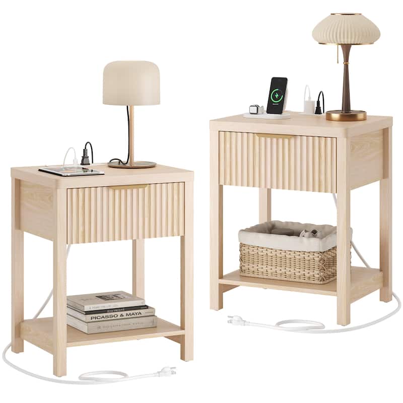 Nightstand with Drawers Fluted Bedside Table with Charging Station