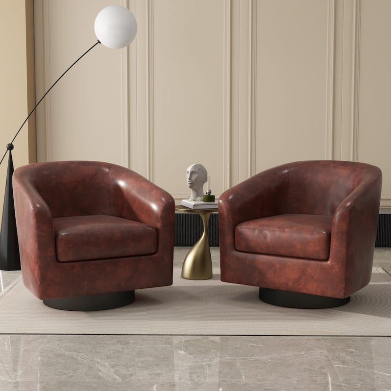 2 Set 360°Swivel Fabric Accent Chairs Barrel Armchairs - 28.4"W x 25.5"D x 26.7"H - PU Leather-Red Brown