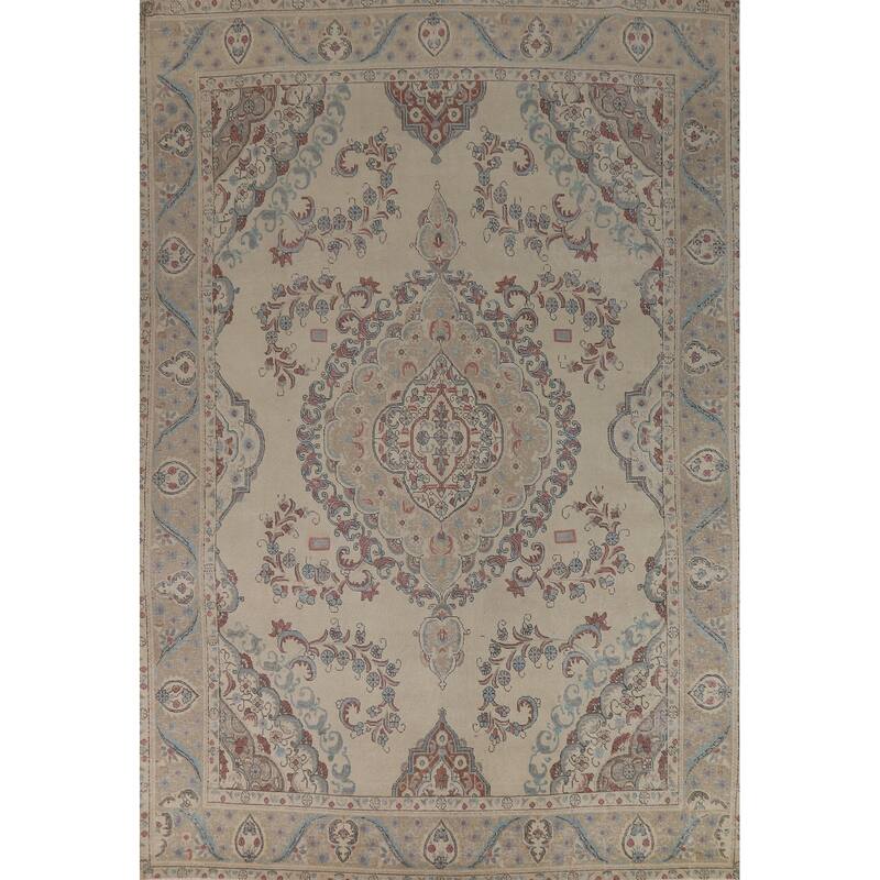 Medallion Tabriz Persian Rug Beige Hand-Knotted Wool Carpet - 9'6"x 13'3"