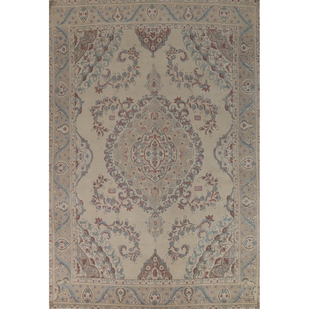 Medallion Tabriz Persian Rug Beige Hand-Knotted Wool Carpet - 9'6"x 13'3"