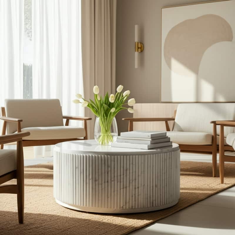 Marble Coffee Table Fluted Round Covered Outdoor Areas - 17" White - 36" x 36" x 17"