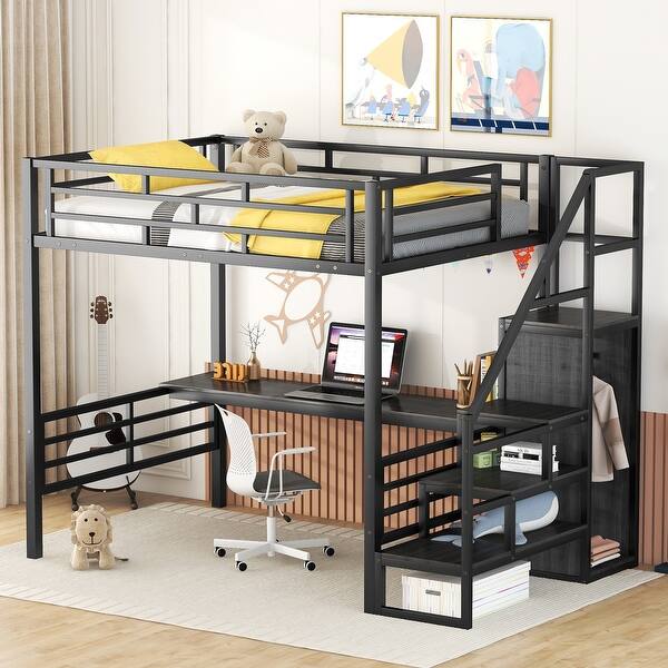 slide 2 of 3, Black Full Metal Loft Bed with Desk, Storage Staircase, Wardrobe Black