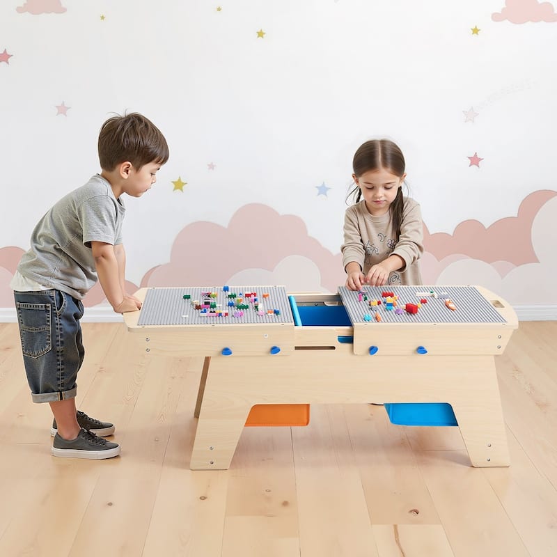 Natural Wooden Kids Table with 3 Storage Bins and Bricks - 35.6 x 19.6 x 15.5 in
