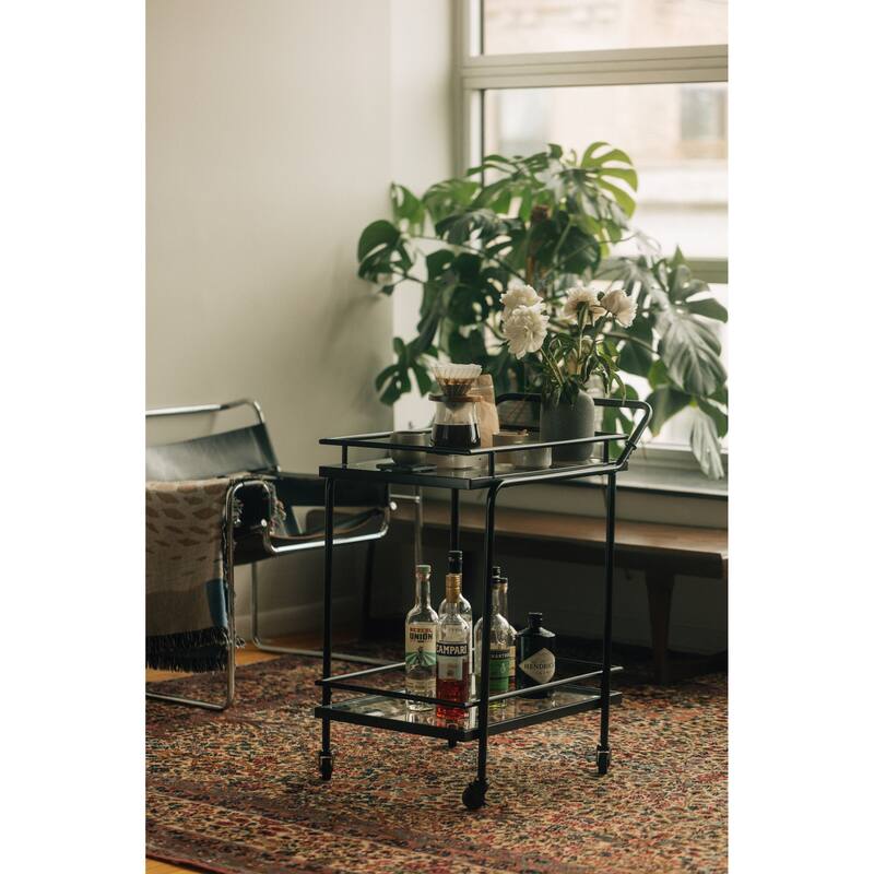 Nathan James Sally 2-Tiered Metal Frame Glass Rolling Bar Cart and Tea or Cocktail Cart
