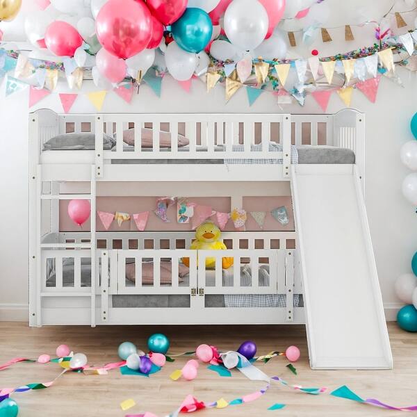 slide 2 of 10, Modren Twin Over Twin Versatile Low Bunk Bed With Slide,Fence and Ladder For Toddler Kids Teens White