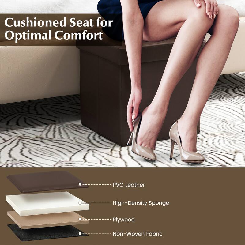 Gymax Folding Storage Ottoman Upholstered Square Footstool PVC Leather