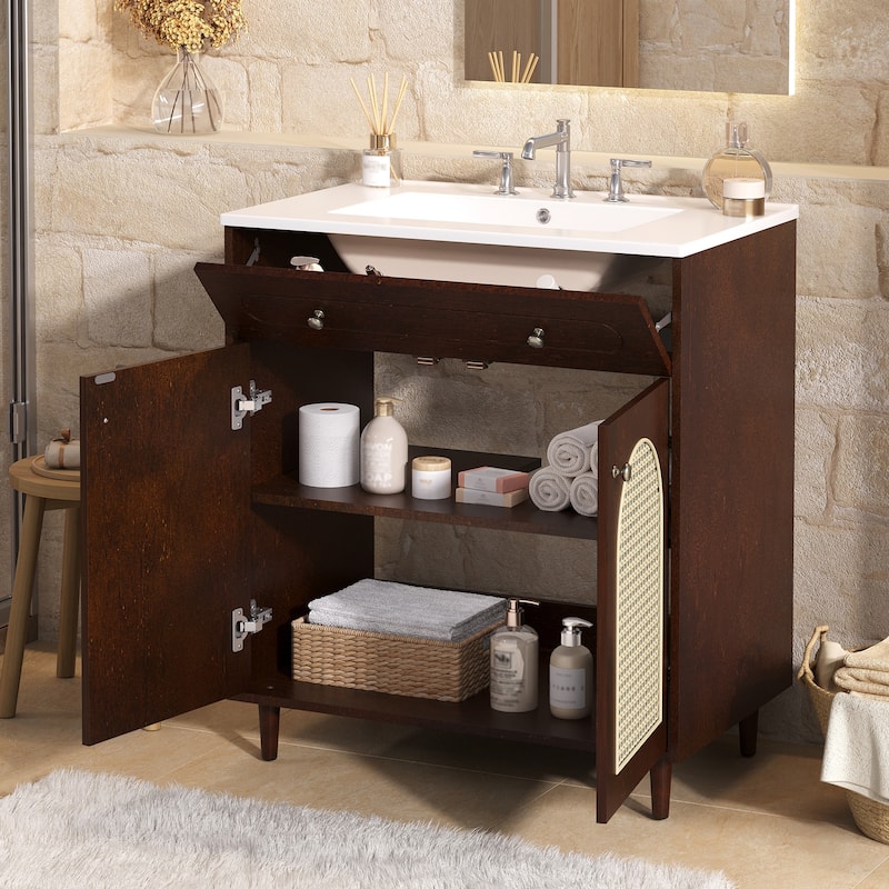 30" Bathroom Vanity with Ceramic Sink - Solid Wood Frame Cabinet with Adjustable Shelf, Tip-Drawer & Rattan Panels
