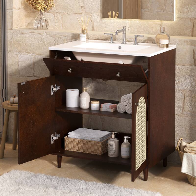 Woven Rattan Bathroom Vanity / Single Ceramic Sink Bathroom Cabinet