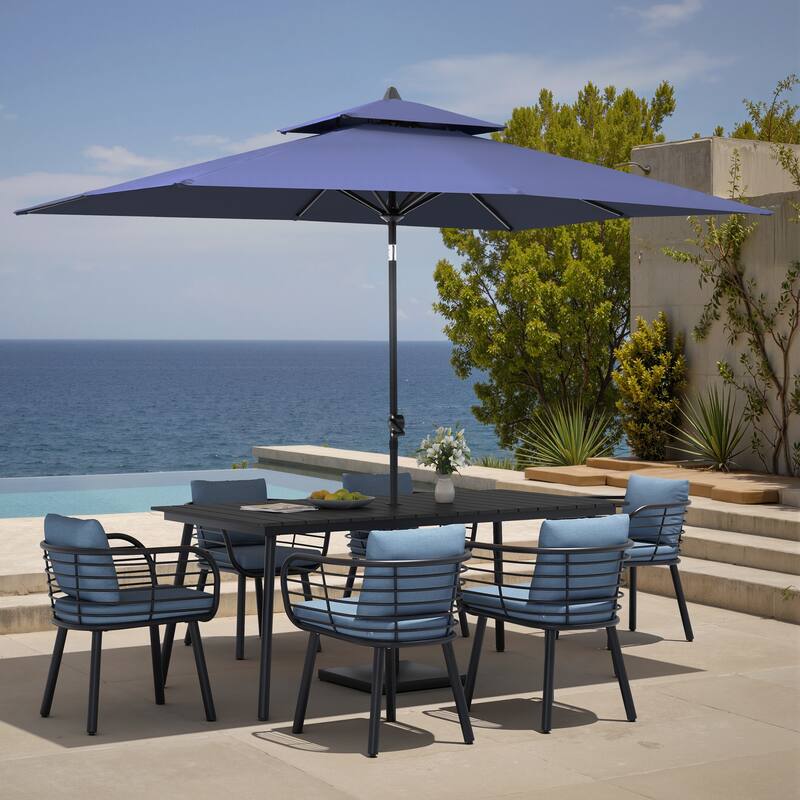 9PC Outdoor Patio Dining Set Aluminum Table with Sunbrella Cushion Chairs w/ Market Umbrella Sets - BlackTable&SdmChairs&NavyBlueUmbrella