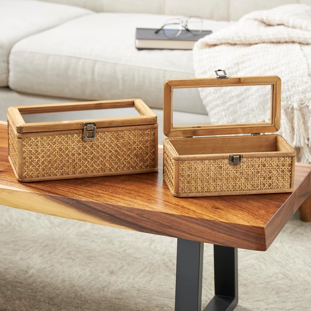 Brown Rattan Handmade Woven Rattan Decorative Box with Glass Tops and Bronze Latches (Set of 2)