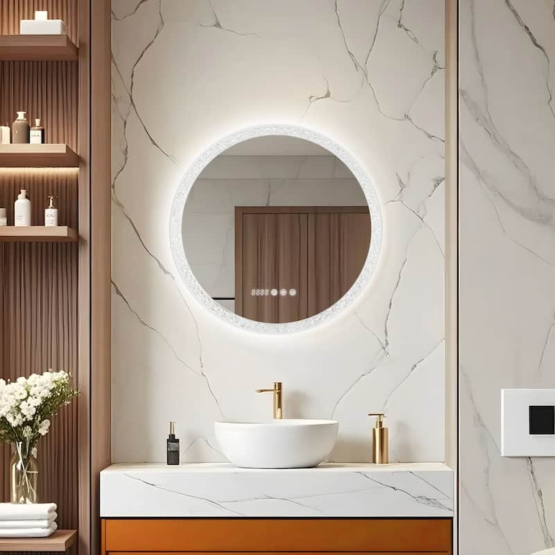 Smart Round Bathroom Mirror with LED Ring Light, Touchscreen, Anti-Fog, and Dimmable Brightness