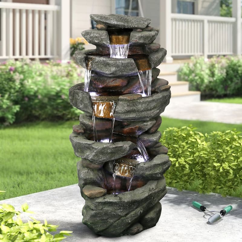Outdoor Relaxing Water Fountain -6-Tier Outdoor Fountain w/LED Light