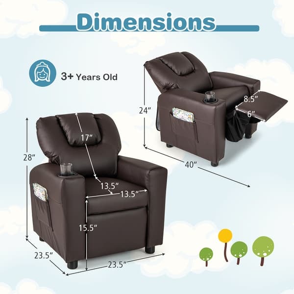 dimension image slide 4 of 7, PU Leather Kids Recliner Chair with Cup Holder and Pocket - 23.5" x 23.5" x 28"