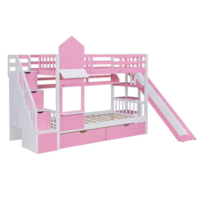 Castle Style Bunk Bed with 2 Drawers 3 Shelves and Slide