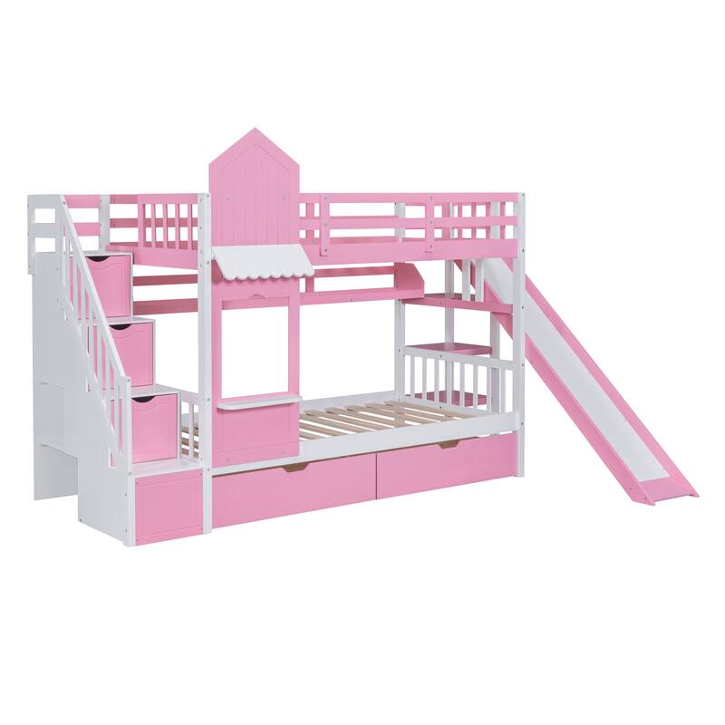 TwinOverTwin Castle Style Bunk Loft Bed with 2 Drawers 3 Shelves and