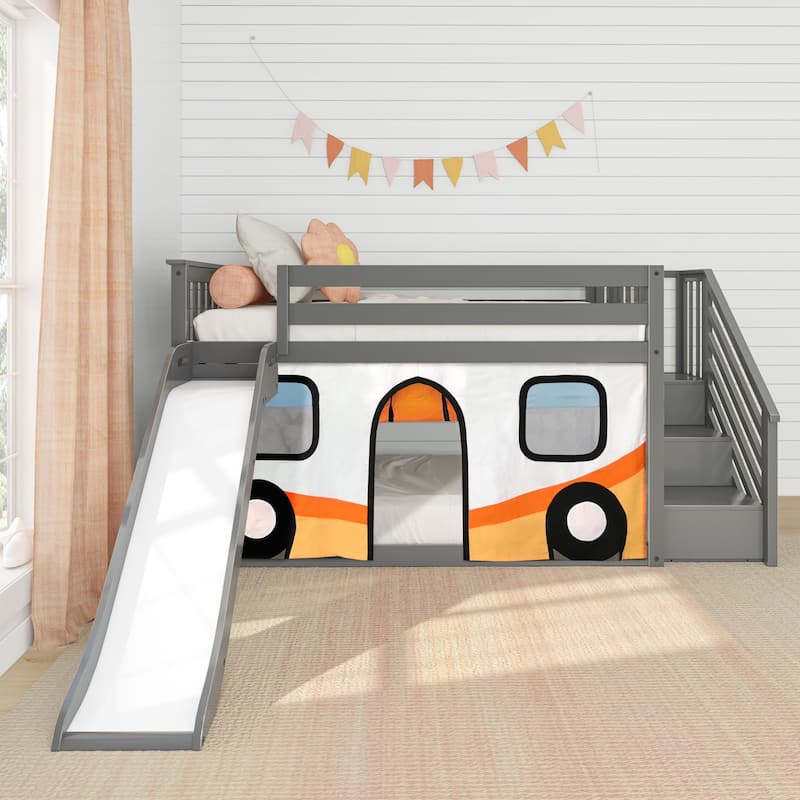 Max and Lily Classic Low Bunk with Stairs, Easy Slide and Curtain