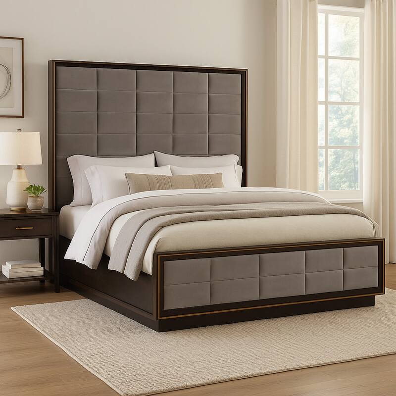 Oslo California King Bed, Vaulted Headboard, Tufted Soft Gray Upholstery