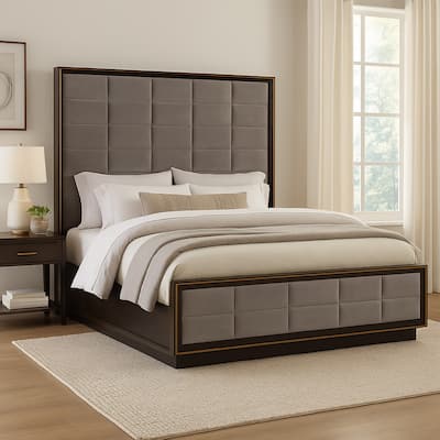 Oslo Queen Bed, Vaulted Headboard, Rectangular Tufting on Gray Upholstery
