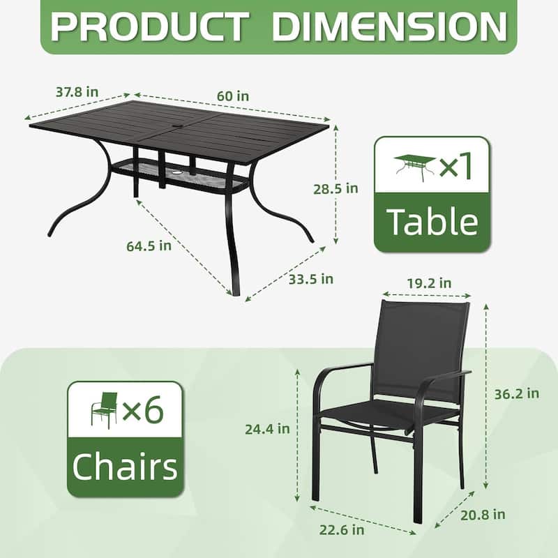 7 Piece Outdoor Patio Metal Dining Set of 6 Textilene Chairs and Rectangle Table with Umbrella Hole