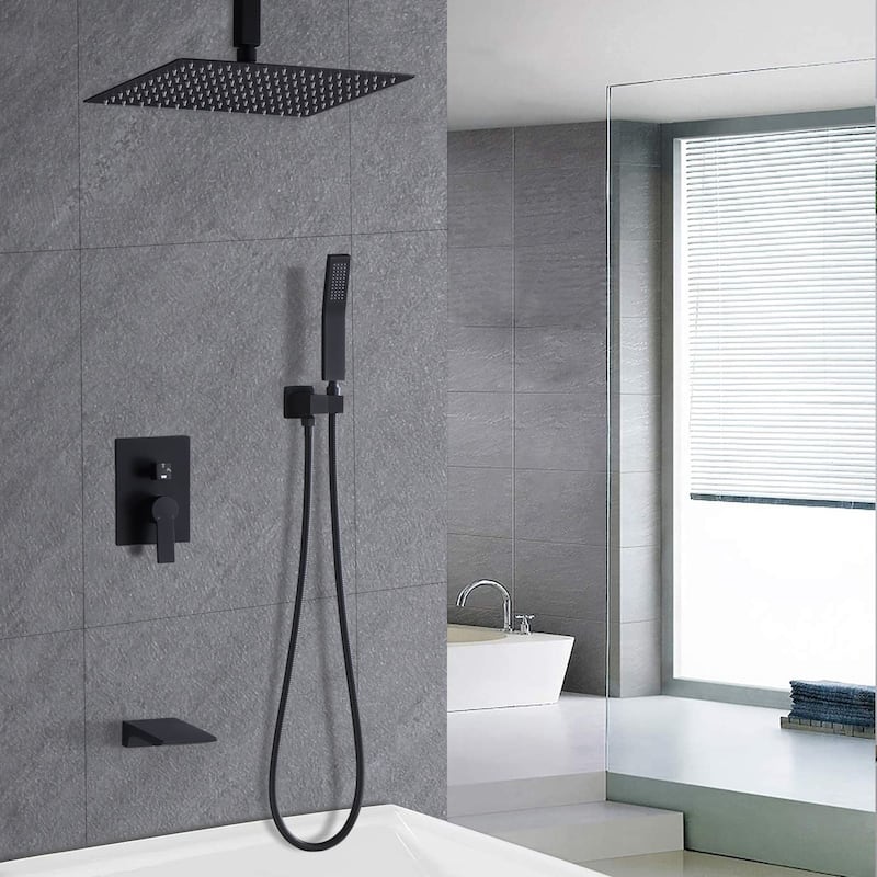 12 Inch Shower System With Waterfall Tub Spout and Handheld Sprayer Rain Ceiling Mount Tub Shower Faucet Set With Rough-in Valve - Matte Black