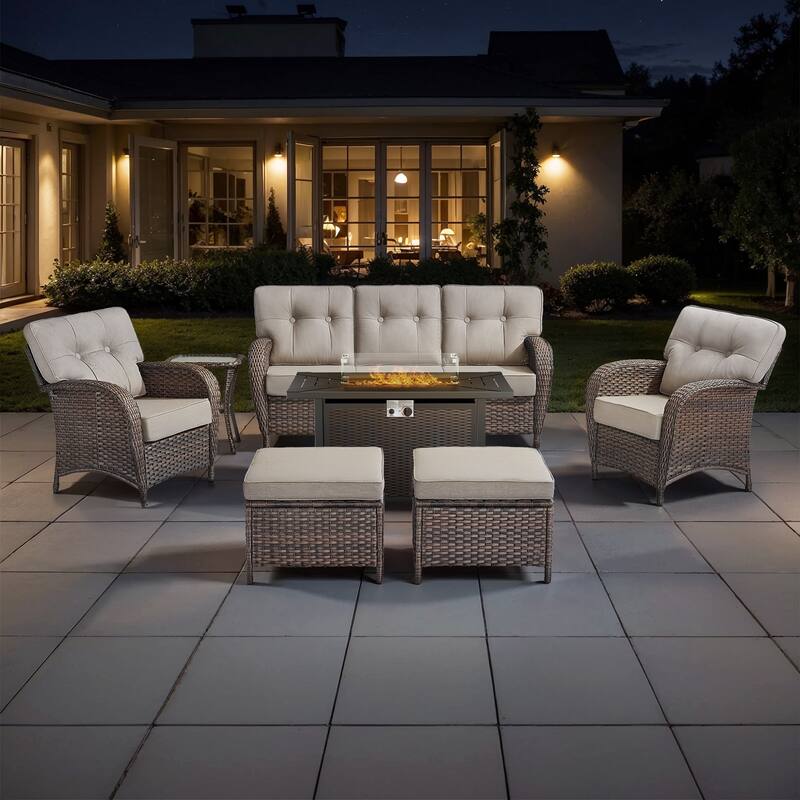 TWrap 7-Piece Wicker Patio Iron Fire Pit Conversation Set with 3-Seat Sofa & Armchairs - Brown/Beige - Fire pit Set