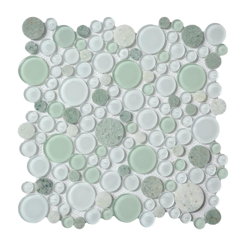 Green & White Pebble Round Glass And Marble Mosaic Tile - Case (10 Sheets)