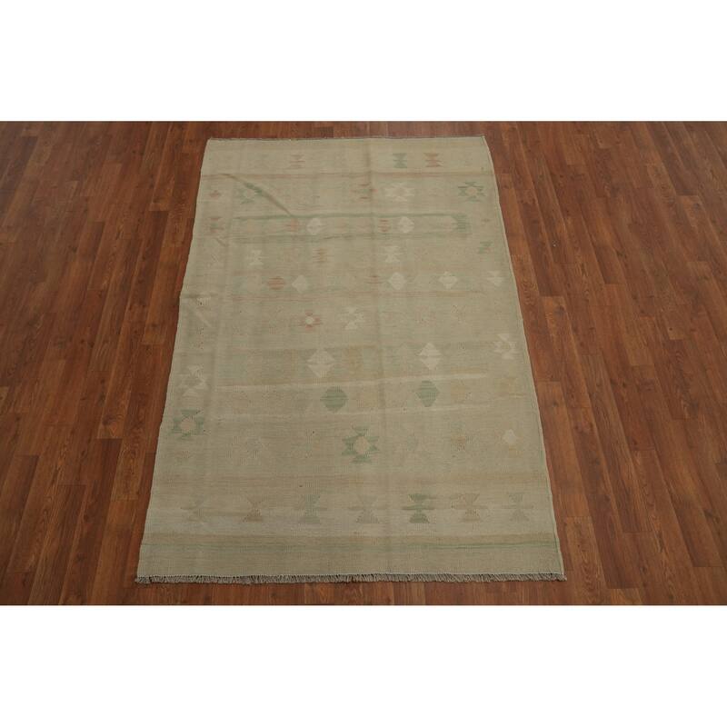 Hand Woven Oriental 100% Wool Carpet Southwestern Tribal Beige & Ivories Kilim Area Rug - 6' 0'' X 4' 0''