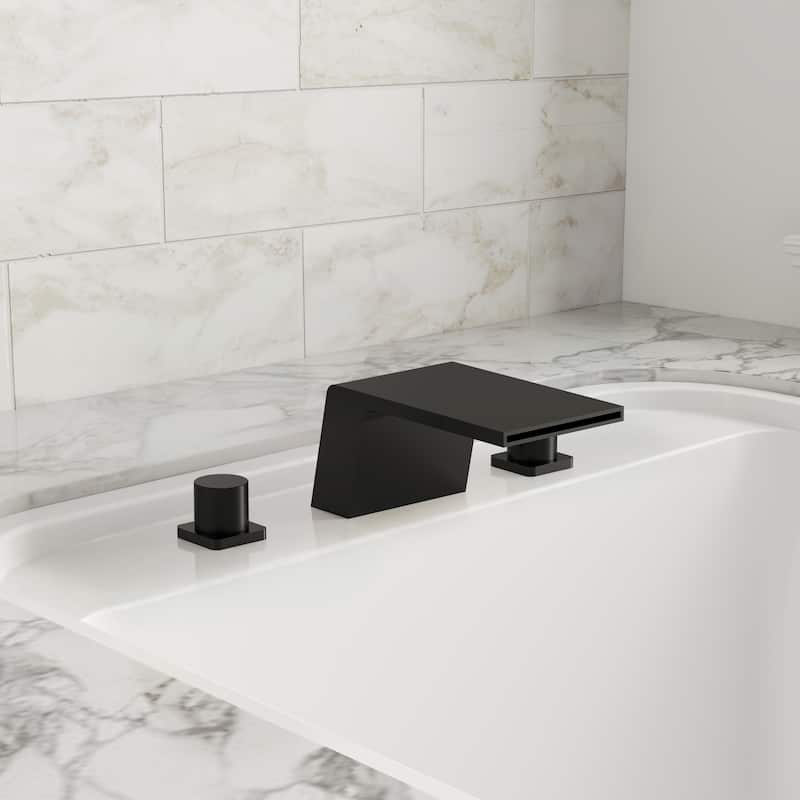 Modern Wide Waterfall Bathtub Faucet, Deck Mount 2-Handle Roman Tub Faucet - Matte Black