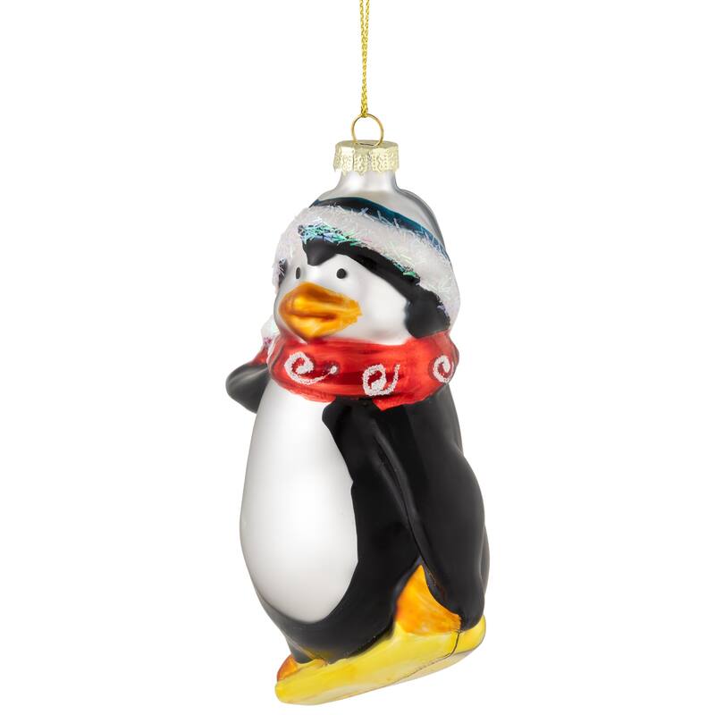 Snowboarding Penguin Glass Christmas Ornament - 4.25" - Black White and Red