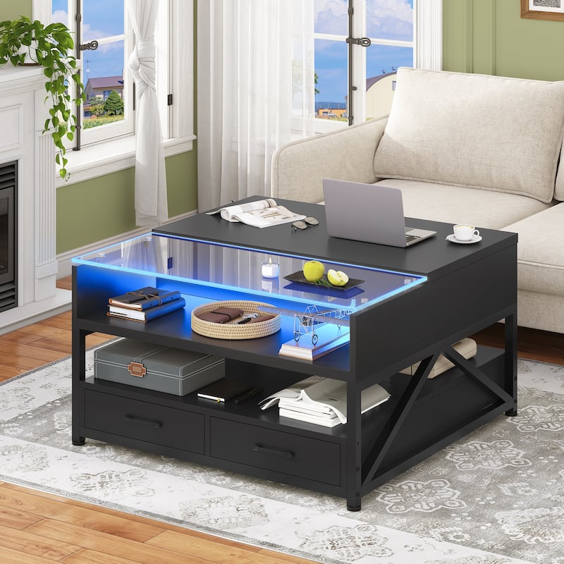 Coffee Table Lift Top 2 Drawers Hidden Compartment for Living Room