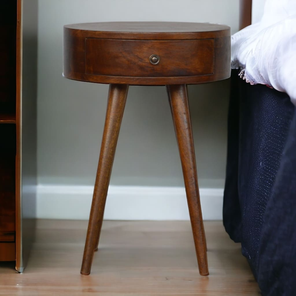 Circular Chestnut Nightstand with Nordic Legs and One Drawer